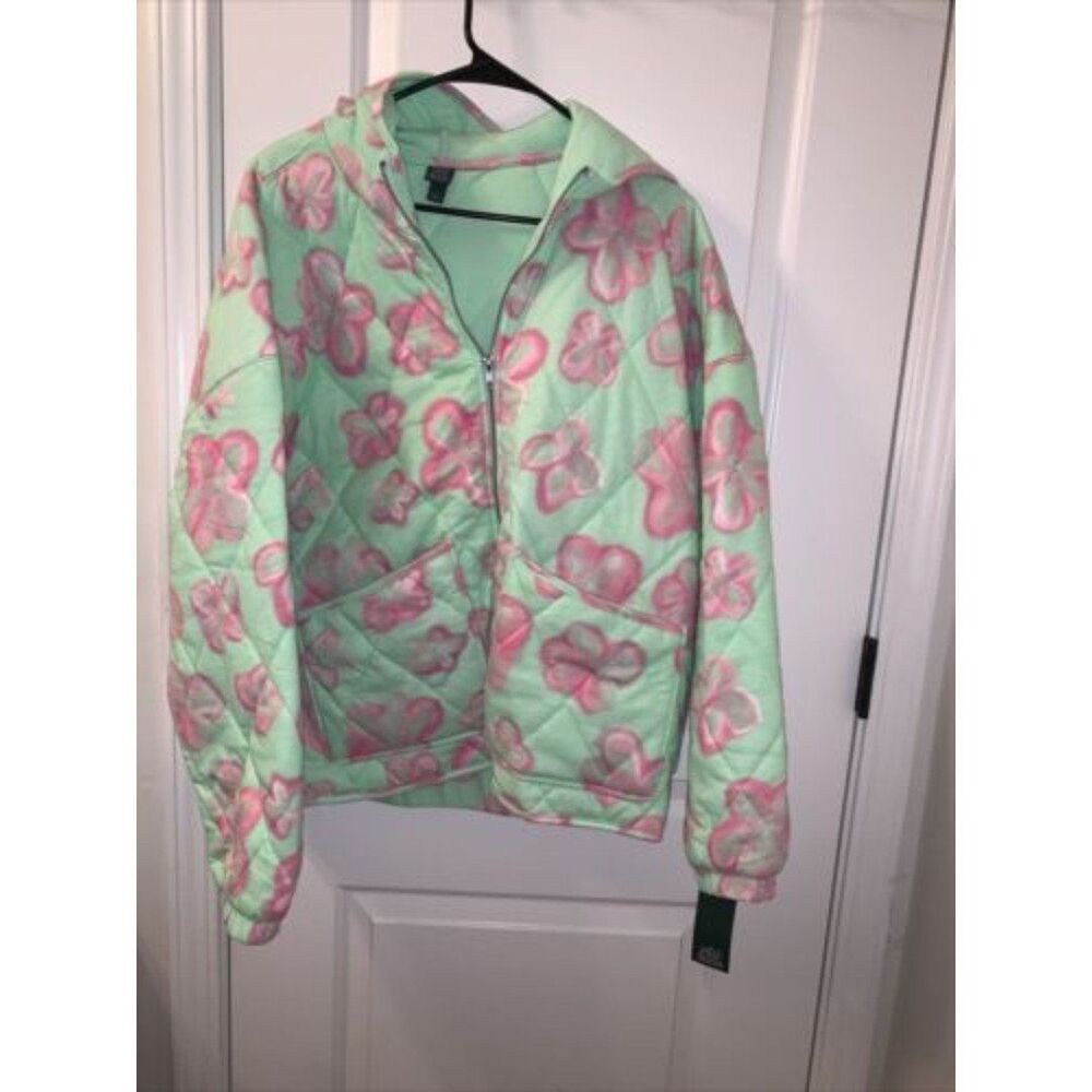 Wild Fable Floral Print Coat Jacket Zip Quilted Women's Size Large Green Pink